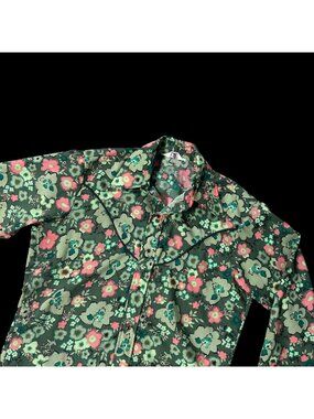 Vintage Western Pearl Snap Shirt Green Floral Long Sleeve Tem Tex USA 1970s
